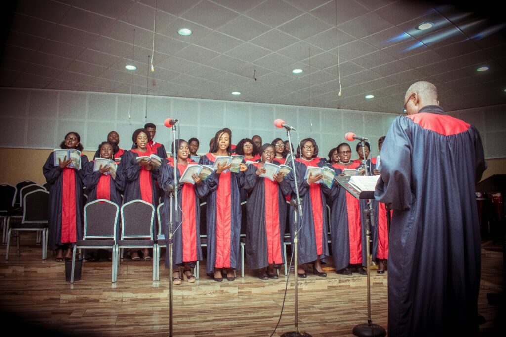 Choir singing with worship instrumental music in the background